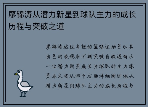 廖锦涛从潜力新星到球队主力的成长历程与突破之道